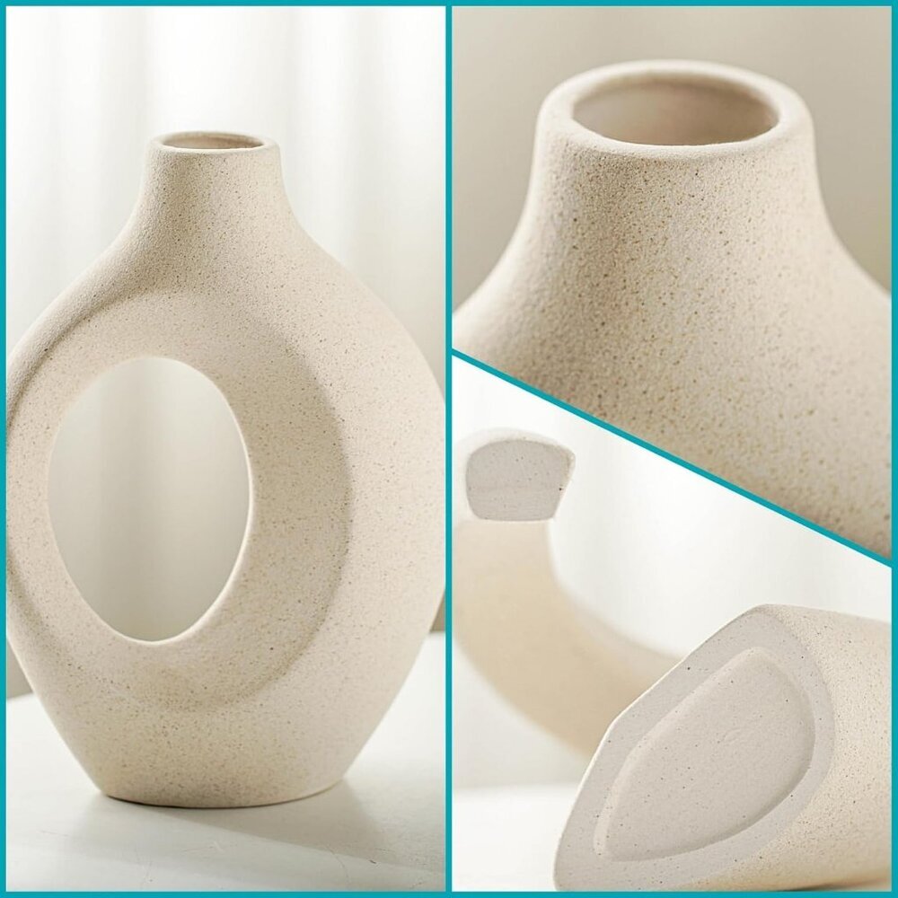 Snuggle Hollow Ceramic Set of 2 Boho ins Style Round Decorative Cream White Vase - Picture 6 of 6